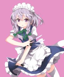 Rule 34 | 1girl, apron, between fingers, blue eyes, blue skirt, blue vest, blush, bow, braid, breasts, collared shirt, cowboy shot, frilled apron, frilled skirt, frills, green bow, hair bow, highres, holding, holding knife, izayoi sakuya, knife, knives between fingers, looking at viewer, maid, maid headdress, parted lips, puffy short sleeves, puffy sleeves, ruu (tksymkw), shirt, short sleeves, silver hair, skirt, small breasts, solo, thighhighs, touhou, twin braids, vest, waist apron, white shirt, white thighhighs