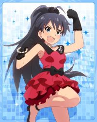 Rule 34 | &gt;:d, 10s, 1girl, :d, aqua eyes, black hair, dress, earrings, fang, flower, flower on head, ganaha hibiki, gloves, hair flower, hair ornament, idolmaster, idolmaster (classic), idolmaster million live!, jewelry, looking at viewer, musical note, necklace, official art, open mouth, pearl necklace, ponytail, smile, solo, v-shaped eyebrows
