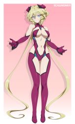 Rule 34 | 1girl, absurdres, aged up, blonde hair, blush, breasts, carol malus dienheim, chuunioniika, cleavage, elbow gloves, gloves, hair between eyes, highres, huge filesize, large breasts, long hair, mole, mole under eye, navel, parted lips, pink background, senki zesshou symphogear, shiny skin, smile, solo, standing, teeth, twintails