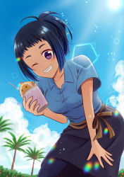 Rule 34 | 1girl, absurdres, black hair, blue sky, cloud, cup, day, disposable cup, drinking straw, food, hair up, hand on own leg, highres, leaning forward, lens flare, looking at viewer, midodo-12, one eye closed, outdoors, ponytail, purple eyes, shaved ice, shiroi suna no aquatope, short hair, short sleeves, sky, solo, standing, teruya tsukimi