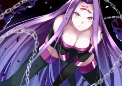 Rule 34 | 1girl, absurdly long hair, bent over, black dress, black sleeves, black thighhighs, breasts, chain, cleavage, closed mouth, collarbone, detached sleeves, dress, facial mark, fate/stay night, fate (series), floating hair, frown, hair intakes, highres, long hair, long sleeves, looking at viewer, medium breasts, medusa (fate), medusa (rider) (fate), motion blur, nameless dagger (fate), purple hair, short dress, sleeveless, sleeveless dress, solo, spread legs, square pupils, strapless, strapless dress, thighhighs, tube dress, v-shaped eyebrows, very long hair, yanagi marie, yellow eyes