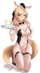 Rule 34 | 1girl, absurdres, animal ear fluff, animal ears, arknights, arm strap, bare shoulders, black bow, black bowtie, black footwear, black hat, black thighhighs, blonde hair, blue eyes, blush, bow, bowtie, breasts, cleavage, closed mouth, covered navel, cup, detached collar, drink, drinking glass, fishnet thighhighs, fishnets, full body, garrison cap, groin, hand on own hip, hat, high heels, highres, holding, holding tray, horse ears, horse girl, horse tail, kneeling, large breasts, leotard, long hair, looking at viewer, meme attire, nankaichimu, navel, nose blush, playboy bunny, pussy, see-through, simple background, solo, strapless, strapless leotard, tail, thigh gap, thighhighs, traditional bowtie, translucent bunnysuit, tray, uncensored, whislash (arknights), white background, wrist cuffs