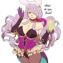 Rule 34 | 1girl, animal ears, blush, breasts, camilla (fire emblem), camilla (spring) (fire emblem), carrot, cleavage, darkgreyclouds, fake animal ears, fire emblem, fire emblem fates, fire emblem heroes, hair over one eye, large breasts, leotard, lips, long hair, looking at viewer, lowres, nintendo, pantyhose, playboy bunny, purple eyes, purple hair, rabbit ears, rabbit tail, smile, solo, tail, very long hair, wavy hair