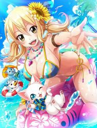 Rule 34 | 1girl, animal, armlet, ass, beach, bikini, blonde hair, blue ribbon, breasts, butt crack, cat, cleavage, cloud, day, fairy tail, female focus, flower, hair between eyes, hair flower, hair ornament, happy (fairy tail), innertube, jewelry, large breasts, long hair, looking at viewer, lucy heartfilia, nail polish, navel, necklace, ocean, official art, open mouth, outdoors, palm tree, pink nails, plue, ribbon, sand, shiny skin, shironeko project, sideboob, smile, snowman, solo, stomach, striped, sunflower, swim ring, swimsuit, tree, twintails, underboob, water, wet, wrist ribbon, yellow eyes, yellow flower