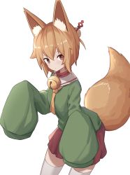 Rule 34 | 1girl, absurdres, animal ear fluff, animal ears, bell, blonde hair, blush, borrowed character, closed mouth, collar, commentary request, duan zhu, expressionless, fox ears, fox girl, fox tail, green shirt, grey thighhighs, hair between eyes, hair ornament, highres, kemomimi-chan (naga u), leaning forward, long sleeves, looking at viewer, neck bell, orange neckwear, original, pleated skirt, red eyes, red skirt, shirt, short hair, sidelocks, simple background, skirt, sleeves past fingers, sleeves past wrists, solo, tail, tail raised, thighhighs, white background, zettai ryouiki