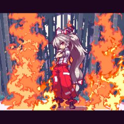 Rule 34 | 1girl, animated, animated gif, bamboo, bamboo forest, bow, fire, forest, fujiwara no mokou, full body, hair ribbon, letterboxed, long hair, looking at viewer, looking back, migel futoshi, nature, ofuda, pants, pixel art, ponytail, red eyes, ribbon, sarashi, silver hair, solo, standing, suspenders, touhou, very long hair