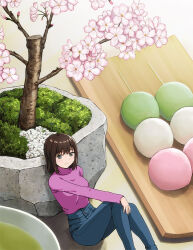 Rule 34 | 1girl, blue eyes, bonsai, breasts, brown hair, closed mouth, commentary request, denim, green tea, hand on own knee, hashi, jeans, knees together feet apart, looking at viewer, medium breasts, medium hair, mini person, minigirl, original, pants, short bangs, sitting, smile, solo, sweater, tea, turtleneck, turtleneck sweater