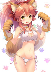 Rule 34 | 1girl, animal ears, animal hands, bell, bra, breasts, cat cutout, cat ear panties, cat lingerie, choker, cleavage, cleavage cutout, clothing cutout, collar, collarbone, fate/grand order, fate (series), fox ears, fox tail, gloves, hair ribbon, highres, jingle bell, large breasts, long hair, looking at viewer, meme attire, navel, neck bell, open mouth, panties, paw gloves, ribbon, side-tie panties, solo, sunsuke, tail, tamamo (fate), tamamo cat (fate), tamamo no mae (fate/extra), underwear, underwear only, white bra, white panties, white ribbon, yellow eyes