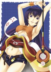 Rule 34 | 00s, 1girl, ar tonelico, ar tonelico ii, armpits, bare shoulders, breasts, cocona vatel, gust, long hair, midriff, navel, aged up, purple eyes, purple hair, shorts, solo, sukua, tk28