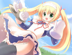 Rule 34 | blonde hair, cup, emurin, garter straps, green eyes, maid, open mouth, original, pot, solo, thighhighs, tray, twintails