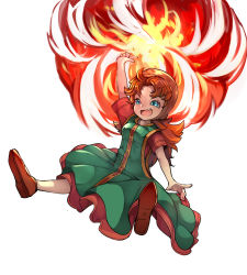 Rule 34 | 1girl, :d, arm up, blue eyes, brown footwear, brown hair, dragon quest, dragon quest vii, dress, fang, fire, full body, highres, layered dress, long hair, magic, maribel (dq7), open mouth, shoes, simple background, smile, solo, tamagokake candy, white background