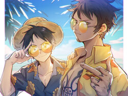 Rule 34 | 2boys, alternate costume, black hair, chest tattoo, closed mouth, earrings, facial hair, hand tattoo, hand up, hat, hawaiian shirt, jewelry, looking at viewer, male focus, middle finger, monkey d. luffy, multiple boys, one piece, open clothes, open shirt, orange-tinted eyewear, outdoors, palm tree, shirt, short hair, short sleeves, smile, straw hat, tattoo, tinted eyewear, trafalgar law, tree, yellow eyes, yurichi (artist)