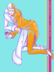 Rule 34 | 1boy, cup, drinking glass, high heels, impel down, inazuma (one piece), jacket, kneeling, male focus, momoji (momojihiha), multicolored hair, one piece, orange hair, shueisha, solo, sunglasses, two-tone hair, white hair, wine glass