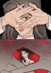 Rule 34 | 2girls, absurdres, animification, black eyes, black flower, black hair, black headwear, brown eyes, brown hair, chinese commentary, collarbone, dahyun (twice), derivative work, dress, flower, hair behind ear, highres, jinduoyun, k-pop, long hair, looking at viewer, multiple girls, one eye covered, pov, real life, red background, sana (twice), smile, strapless, strapless dress, twice (group)
