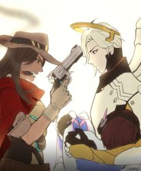 Rule 34 | 3boys, artist name, belt, black gloves, blonde hair, blue eyes, bodysuit, brown eyes, brown hair, cape, carrying, cassidy (overwatch), cigar, cowboy hat, d.va (overwatch), finger on trigger, gearous, genderswap, genderswap (ftm), genderswap (mtf), gloves, gun, hair over one eye, halo, hand up, handgun, hat, headgear, headphones, holding, holding gun, holding weapon, long hair, long sleeves, looking at another, male focus, mechanical halo, mechanical wings, mercy (overwatch), mouth hold, multiple boys, open mouth, overwatch, overwatch 1, pilot suit, power suit, princess carry, red cape, revolver, short hair, short sleeves, simple background, smile, smoke, teeth, teeth hold, thigh strap, turtleneck, weapon, white background, wings