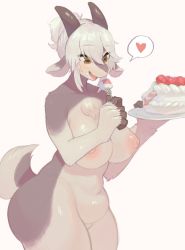 Rule 34 | 1girl, belly, breasts, brown eyes, cake, eating, female focus, food, fork, furry, furry female, groin, highres, horns, large breasts, navel, nipples, nude, open mouth, original, plump, pororikin, solo, white hair
