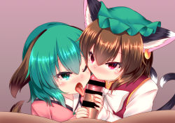 Rule 34 | 1boy, 2girls, ;p, animal ears, bar censor, bow, bowtie, brown hair, cat tail, censored, chen, commentary request, cooperative fellatio, dog ears, dog tail, earrings, fellatio, green eyes, green hair, hat, jewelry, karasuma amiru, kasodani kyouko, mob cap, multiple girls, multiple tails, nekomata, one eye closed, oral, penis, pov, purple background, red eyes, short hair, simple background, single earring, slit pupils, tail, tongue, tongue out, touhou, two tails, upper body, white neckwear