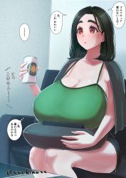 Rule 34 | bare arms, black hair, breasts, camisole, can, chinushiroya, cleavage, couch, earrings, feet out of frame, green shirt, highres, holding, holding can, huge breasts, indoors, jewelry, light blush, looking away, medium hair, on couch, open mouth, original, parted bangs, pillow, red eyes, shirt, sitting, straight hair, thick eyebrows, watching television
