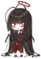 Rule 34 | 1girl, absurdly long hair, black footwear, black hair, black sailor collar, black serafuku, black shirt, black skirt, black wings, blood, blood halo, blue archive, blush, chibi, commentary request, full body, halo, kotatu (akaki01aoki00), liquid halo, long hair, long sleeves, looking at viewer, parted lips, pleated skirt, red eyes, sailor collar, school uniform, serafuku, shadow, shirt, shoes, skirt, solo, standing, sweat, tsurugi (blue archive), very long hair, white background, wide-eyed, wings