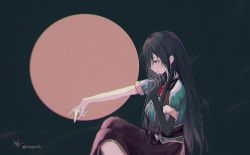 Rule 34 | 1girl, banned artist, black gloves, black hair, black skirt, blush, breasts, chikuma (kancolle), elbow gloves, from side, gloves, highres, kantai collection, long hair, one-hour drawing challenge, pelvic curtain, profile, red neckwear, short sleeves, side slit, signature, simple background, single elbow glove, single glove, skirt, solo, tsunano (koi pink), twitter username, two-tone background, yellow eyes
