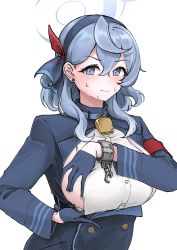 Rule 34 | 1girl, absurdres, ako (blue archive), bell, blue archive, blue eyes, blue gloves, blue hair, blush, breasts, earrings, gloves, hairband, halo, highres, jewelry, long hair, looking at viewer, neck bell, sideboob, simple background, solo, sweat, ushimochi, white background