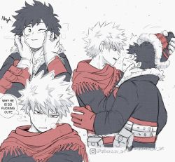Rule 34 | 2boys, athena av, bag, bakugou katsuki, belt, blush, boku no hero academia, breath, coat, commentary, english commentary, english text, eye contact, freckles, fur-trimmed coat, fur-trimmed headwear, fur trim, green eyes, hand on another&#039;s arm, hands on another&#039;s cheeks, hands on another&#039;s face, hat, highres, instagram logo, instagram username, looking at another, looking at viewer, male focus, midoriya izuku, multiple boys, multiple views, official alternate costume, one eye closed, open mouth, profanity, red eyes, red scarf, scarf, short hair, simple background, spot color, thought bubble, twitter logo, twitter username, upper body, watermark, white background, yaoi
