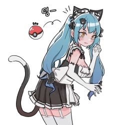 Rule 34 | 1girl, absurdres, animal ears, apron, black dress, blue hair, blush, breasts, cat ears, cat tail, dress, drill hair, elbow gloves, fake animal ears, fake tail, gloves, goddess of victory: nikke, highres, hwasedo, large breasts, legwear garter, light blue hair, long hair, maid, maid headdress, neck bell, official alternate costume, paw hair ornament, poke ball, privaty (nikke), privaty (unkind maid) (nikke), solo, tail, tearing up, thighhighs, twin drills, twintails, very long hair, white apron, white gloves, white thighhighs, yellow eyes