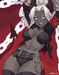 Rule 34 | 1girl, angry, armband, arms up, artist name, belt, black horns, blush, breasts, chain, cleavage, collarbone, colored skin, commentary, cowboy shot, dark-skinned female, dark skin, demon girl, demon horns, demon tail, gauntlets, grey skin, helltaker, horns, jacket, judgement (helltaker), large breasts, long hair, looking at viewer, midriff, navel, open mouth, parted bangs, ponytail, red background, revealing clothes, shellvi, short shorts, shorts, solo, stomach, tail, teeth, thighhighs, thighs, torn clothes, white eyes, white hair