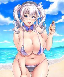 Rule 34 | 10s, 1girl, beach, belly, beret, bikini, blue eyes, blush, breasts, cameltoe, cleavage, collarbone, curvy, day, detached collar, female focus, hair ornament, hat, highres, huge breasts, kantai collection, kashima (kancolle), lawson, long hair, looking at viewer, lotion, navel, ocean, open mouth, outdoors, plump, silver hair, skindentation, solo, standing, string bikini, summer, swimsuit, thick thighs, thighs, tsurime, twintails, wavy hair, wide hips, yoohi