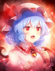 Rule 34 | 60mai, bat wings, blue hair, bow, brooch, dress, fangs, frilled shirt, frilled shirt collar, frilled sleeves, frills, hat, hat ribbon, jewelry, mob cap, open mouth, pink dress, puffy short sleeves, puffy sleeves, red background, red bow, red eyes, red ribbon, remilia scarlet, ribbon, shirt, short hair, short sleeves, touhou, wings, wrist cuffs