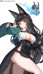 1girl aki_hoshino animal_ear_fluff animal_ears black_gloves black_hair black_skirt blunt_bangs breasts commentary cowboy_shot fingerless_gloves fox_ears fox_girl gloves high-waist_skirt highres holding holding_sword holding_weapon hoshimi_miyabi large_breasts long_hair looking_at_viewer parted_lips patreon_username red_eyes sidelocks simple_background single_fingerless_glove skirt solo sword thighs weapon white_background zenless_zone_zero