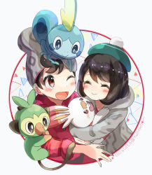 Rule 34 | 1boy, 1girl, :d, beanie, black hair, blush, cardigan, closed eyes, closed mouth, cocoloco, collared shirt, commentary request, creatures (company), game freak, gloria (pokemon), green headwear, grey cardigan, grey headwear, hat, holding, holding pokemon, hug, looking up, nintendo, on head, one eye closed, open mouth, pokemon, pokemon (creature), pokemon on arm, pokemon on head, pokemon swsh, red eyes, shirt, sleeves rolled up, smile, starter pokemon trio, tam o&#039; shanter, tongue, victor (pokemon)