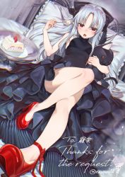 Rule 34 | 1girl, black bow, black dress, bow, cake, cake slice, commission, dress, food, frilled dress, frills, full body, grey hair, hair bow, high heels, highres, holding, holding spoon, len (tsukihime), long hair, looking at viewer, lying, newponold, on back, on bed, open mouth, parted bangs, pillow, pointy ears, red eyes, red footwear, skeb commission, sleeveless, sleeveless dress, solo, spoon, stuffed animal, stuffed cat, stuffed toy, tsukihime
