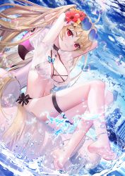 Rule 34 | 1girl, absurdly long hair, akashic chronicle, arms behind head, arms up, bikini, bikini under clothes, blonde hair, blue-tinted eyewear, breasts, bubble, butterfly ornament, choker, cityscape, day, eyewear on head, feet, flower, frills, hair flower, hair ornament, heart, heart-shaped eyewear, highres, innertube, lace trim, layla (akashic chronicle), long hair, medium breasts, navel, no.aei, ocean, outdoors, red eyes, see-through, sitting, solo, sunglasses, swim ring, swimsuit, tinted eyewear, twintails, very long hair, water