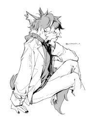 Rule 34 | 1boy, aak (arknights), alternate costume, arknights, artist name, black nails, cat boy, cat tail, from side, furry, furry male, greyscale, head rest, highres, jacket, looking at viewer, male focus, misaaaki o, monochrome, open clothes, open jacket, pants, shirt, short hair, simple background, sitting, slit pupils, solo, tail, twitter username, white background