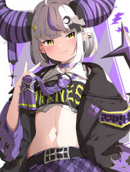 Rule 34 | 1girl, absurdres, ahoge, black jacket, blush, chain, closed mouth, commentary request, crescent, crescent hair ornament, cropped shirt, ear piercing, grey background, grey hair, hair ornament, hand on own hip, hand up, highres, holding necktie, hololive, horns, jacket, la+ darknesss, la+ darknesss (casual), long sleeves, looking ahead, medium hair, midriff, multicolored hair, necktie, open clothes, open jacket, piercing, purple hair, purple necktie, purple skirt, simple background, skirt, slit pupils, solo, sparkle hair ornament, streaked hair, upper body, virtual youtuber, x hair ornament, yellow eyes, yunon oto mad