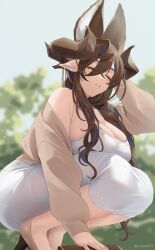 Rule 34 | 1girl, absurdres, animal ears, arms behind head, bare shoulders, breasts, brown hair, cleavage, closed eyes, dress, extra ears, galleon (granblue fantasy), granblue fantasy, hair between eyes, high heels, highres, holding, horns, jacket, large breasts, lin leiyu0921, long hair, multicolored hair, off shoulder, pointy ears, solo, squatting, streaked hair, sweater jacket, white dress
