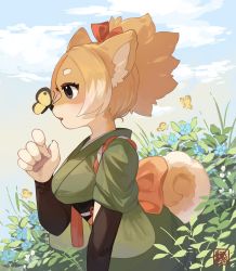 Rule 34 | 1girl, animal ears, black eyes, bow, bug, butterfly, butterfly on nose, day, dog ears, dog girl, dog tail, female focus, flower, from side, furry, furry female, hair bow, highres, insect, japanese clothes, kawarage yatano, multicolored hair, nature, orange hair, original, outdoors, pawpads, ponytail, profile, red bow, solo, tail