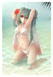 Rule 34 | 1girl, :o, animal ears, armpits, bad id, bad pixiv id, bikini, artistic error, flower, front-tie top, green hair, hair flower, hair ornament, hibiscus, highres, kneeling, level-k, long hair, looking at viewer, navel, ocean, original, palm tree, partially submerged, rabbit ears, red eyes, shiny skin, solo, swimsuit, tree, twintails, water, white bikini