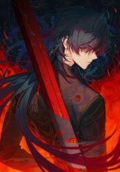Rule 34 | 1boy, bandaged arm, bandages, black hair, black jacket, blade (honkai: star rail), closed mouth, dl (dl 6ix), ear piercing, earrings, flower, furrowed brow, highres, holding, holding sword, holding weapon, honkai: star rail, honkai (series), jacket, jewelry, long hair, long sleeves, looking at viewer, looking back, male focus, parted lips, partially shaded face, piercing, red eyes, solo, spider lily, sword, upper body, weapon, yellow eyes