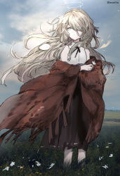 Rule 34 | 1girl, arknights, black ribbon, black skirt, brown shawl, cecelia (arknights), commentary request, field, flower, grey eyes, grey hair, hair ornament, halo, highres, holding, holding flower, inariiin, long hair, looking away, neck ribbon, photo background, ribbon, shawl, shirt, sidelocks, skirt, sleeveless, sleeveless shirt, solo, very long hair, white flower