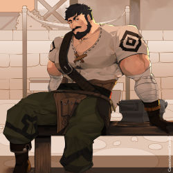 Rule 34 | 1boy, absurdres, alternate pectoral size, bandaged arm, bandages, bara, beard, black eyes, black hair, camerion camill, chest belt, cross-laced clothes, cross-laced slit, cross-laced top, facial hair, feet out of frame, genshin impact, green pants, highres, large pectorals, looking at viewer, male focus, mature male, muscular, muscular male, mustache, pants, pectoral cleavage, pectorals, pelvic curtain, short hair, sitting, solo, wagner (genshin impact)