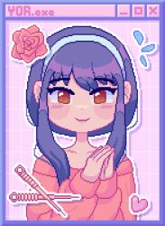 Rule 34 | 1girl, blue headband, blush stickers, brown eyes, flower, headband, heart, highres, mugitchi, off-shoulder sweater, off shoulder, purple hair, red flower, red rose, red sweater, rose, sidelocks, smile, solo, spy x family, sweater, yor briar