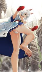 Rule 34 | 1girl, animal ear fluff, animal ears, ass, azur lane, bare shoulders, barefoot, blood, blood stain, blue eyes, blue kimono, breasts, breasts out, city, closed mouth, commission, crushing, destruction, foot focus, fox ears, fox tail, from below, giant, giantess, highres, holding, holding clothes, holding footwear, japanese clothes, kaga (azur lane), kimono, large breasts, lips, looking at another, looking down, multiple tails, nipples, no shoes, nonoririn, off shoulder, panties, pantyshot, sandals, sarashi, short hair, silver hair, size difference, solo focus, standing, tail, underwear, white panties