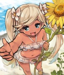 Rule 34 | 10s, 1girl, :d, beach, bikini, blonde hair, blue eyes, fang, flower, frilled bikini, frills, gradient hair, granblue fantasy, groin, holding, holding flower, io (granblue fantasy), io (summer) (granblue fantasy), itsukia, long hair, looking at viewer, multicolored hair, navel, open mouth, smile, solo, sunflower, swimsuit, tan, twintails, twitter username, water