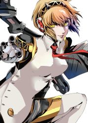 Rule 34 | 1girl, aegis (persona), android, arm up, blonde hair, breasts, commentary, dark persona, english commentary, fighting stance, glowing, glowing eyes, gun, hair between eyes, handgun, highres, huge weapon, joints, lips, looking at viewer, narrow waist, necktie, persona, persona 3, persona 4: the ultimate in mayonaka arena, pertex 777, robot, robot joints, shadow (persona), shadow aegis, short hair, simple background, solo, weapon, white background, yellow eyes