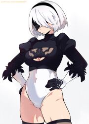 Rule 34 | 1girl, 2b (nier:automata), absurdres, black gloves, black leotard, black thighhighs, blindfold, blush, breasts, cleavage, cleavage cutout, clothing cutout, dashi (dashiart), gloves, grey hair, hairband, hands on own hips, highres, large breasts, leotard, long sleeves, looking at viewer, nier:automata, nier (series), puffy sleeves, short hair, square enix, standing, thighhighs, white background