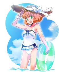 Rule 34 | 1girl, ahoge, blue sky, cloud, freckles, frilled swimsuit, frills, green eyes, hat, iesupa, innertube, one-piece swimsuit, orange hair, penny polendina, ribbon, rwby, sky, solo, straw hat, swim ring, swimsuit, thighs, transparent, wading, water, white one-piece swimsuit, wrist ribbon