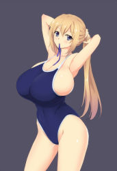 Rule 34 | 10s, 1girl, adjusting hair, armpits, black background, blonde hair, blue eyes, breasts, bursting breasts, cleavage, competition school swimsuit, covered navel, gigantic breasts, highres, kawakami mai, light smile, long hair, looking at viewer, mouth hold, musaigen no phantom world, nehani (tworship), one-piece swimsuit, ponytail, ribbon in mouth, school swimsuit, sideboob, simple background, solo, swimsuit, thighs, tying hair