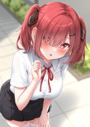 Rule 34 | 1girl, :o, black skirt, blush, breasts, collared shirt, hair ornament, hairclip, karutamo, kurihara azuki, large breasts, looking at viewer, medium hair, original, outdoors, parted lips, pleated skirt, red eyes, red hair, shirt, short sleeves, skirt, solo, thighhighs, twintails, uniform, white shirt, white thighhighs